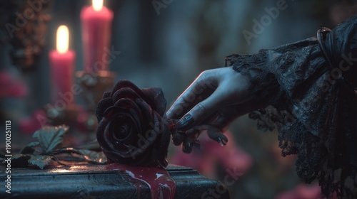 vampire gently placing a black rose on a lovera??s grave, candlelight reflecting crimson tears, gothic Valentinea??s sorrow, 8k, realistic, full ultra HD, high resolution, cinematic photography