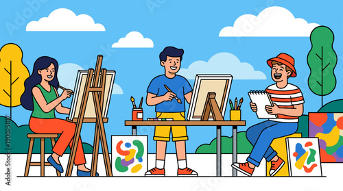 Group of Children Painting Outdoors. Kids Art Class in Park with Easels and Canvas