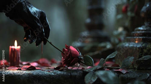 vampire gently placing a black rose on a lovera??s grave, candlelight reflecting crimson tears, gothic Valentinea??s sorrow, 8k, realistic, full ultra HD, high resolution, cinematic photography