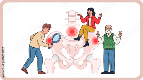 Explaining Hip Dysplasia and Related Joint Pain: A Medical Illustration of a Doctor Examining a Patient's Pelvis for Sacroiliac Joint Dysfunction and Arthritis, with Educational Clarity
