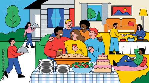 Illustrated Outdoor Party Celebration with Friends and Family Enjoying Food and Drinks, a Festive Gathering with a Relaxed and Joyful Atmosphere for Socializing and Making Memories