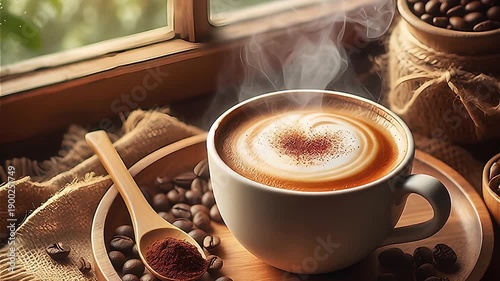 A cup of hot cappuchino coffee is steaming before window.