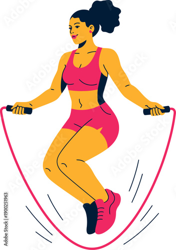 A woman in pink workout clothes jumping rope with a smile
