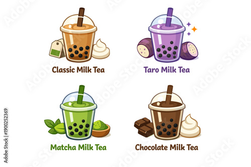 Bubble Tea Set Vector Illustration – Classic, Taro, Matcha and Chocolate Milk Tea with Tapioca Pearls