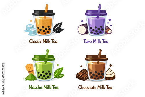 Bubble Tea Drinks Set – Classic, Taro, Matcha and Chocolate Milk Tea Cups