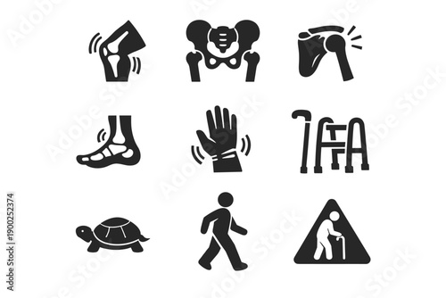Mobility and Joint Care Icons Set – Arthritis, Knee Pain, Walking Aid and Rehabilitation Symbols