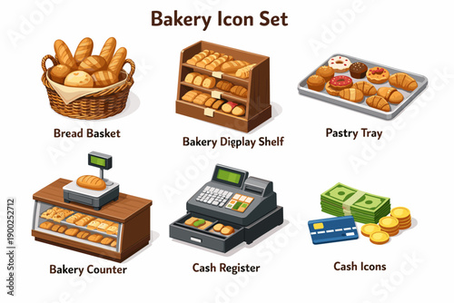 Bakery icon set with bread basket, pastry display, cash register and bakery counter elements