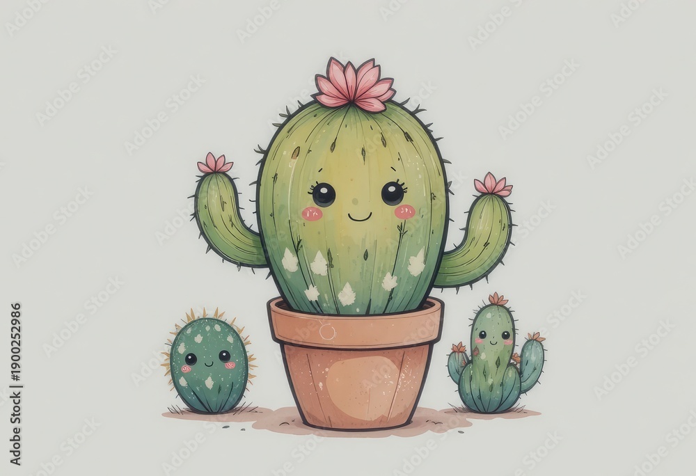 Naklejka premium Charming cactus in soft pastel colors on a white background