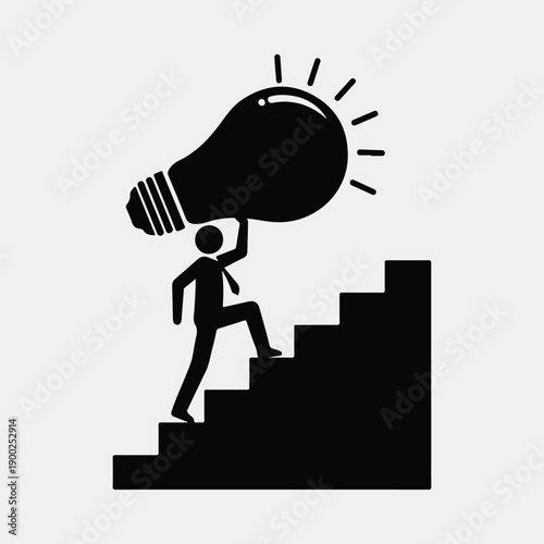 Businessman carrying glowing lightbulb upstairs symbolizing business success growth silhouette vector illustration