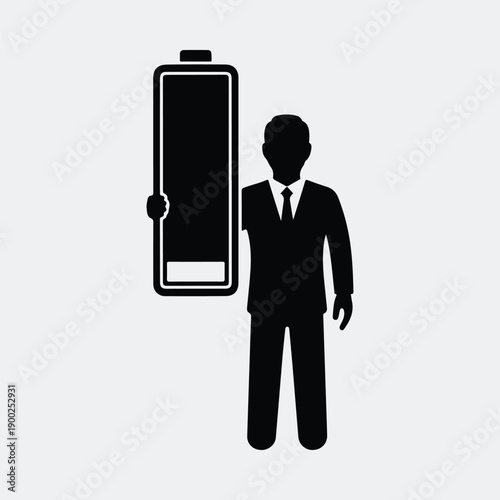 Businessman holding low battery symbol representing low energy or power silhouette vector illustration