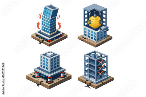 Isometric smart building and data center illustration set with office tower, server infrastructure and seismic protection concept