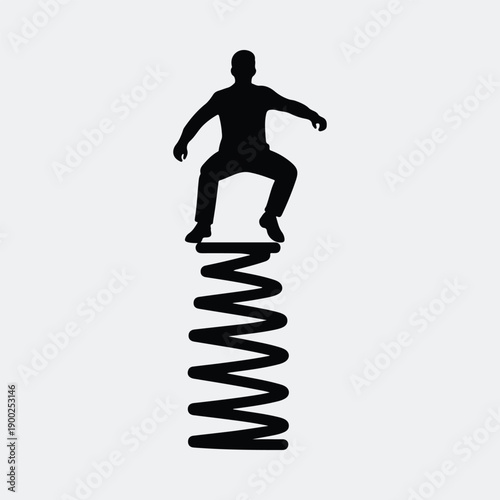 Man balancing precariously on a large metal spring silhouette vector illustration