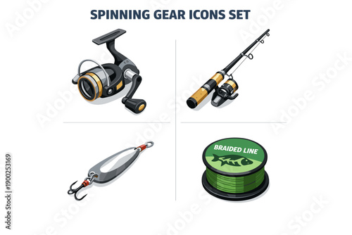 Spinning fishing gear icons set with reel, rod, lure and braided line for angling equipment design