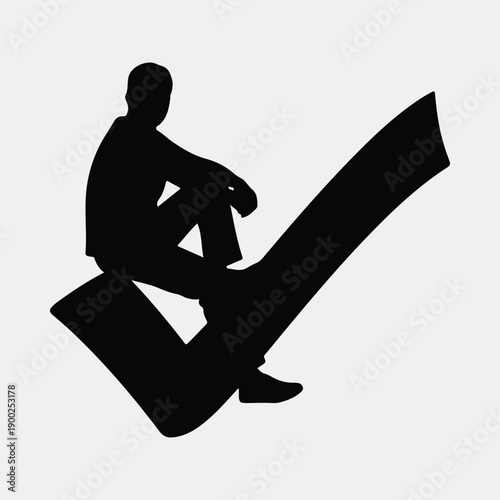 Man sitting on large check mark symbol abstract concept silhouette vector illustration