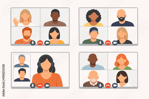 Video conference illustration set with diverse people in online meeting screens for remote work and virtual communication