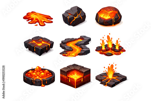 Lava and volcano game assets set with molten rocks, magma pools and fire elements for fantasy and adventure design