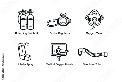 Medical oxygen and respiratory equipment line icons set with breathing gas tank, regulator and ventilator symbols