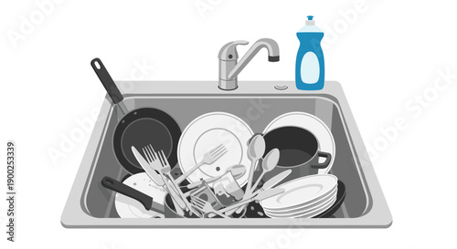 Overhead view of a kitchen sink overflowing with dirty dishes and cutlery, beside a blue dish soap bottle, in grayscale.