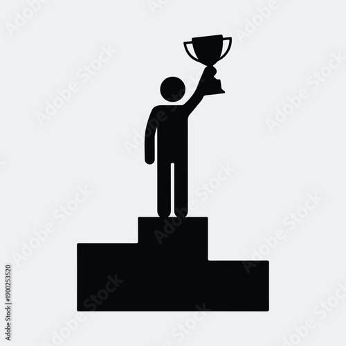 Winner holding trophy on podium celebrating victory silhouette vector illustration