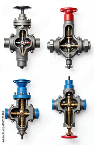 Four industrial gas taps shown in cutaway view. Internal metal parts and valve mechanisms are visible. Various colored handles indicate different controls.