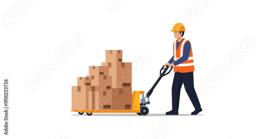 Male logistics worker in protective gear maneuvering a hand pallet truck loaded with a pyramid of cardboard boxes on