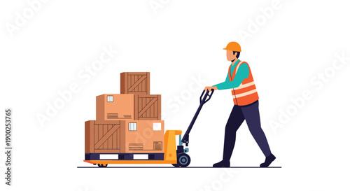 Male warehouse worker in safety vest and hard hat operating a hand pallet truck with stacked boxes and crates on white.