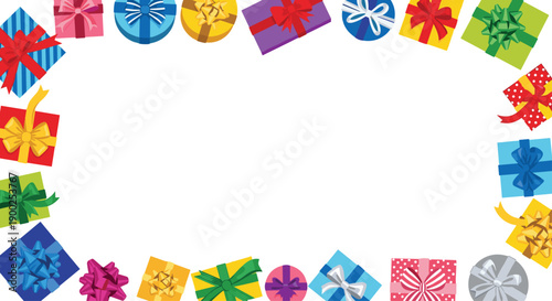 Decorative border of brightly colored wrapped gift boxes with bows, arranged around an empty central space on white.