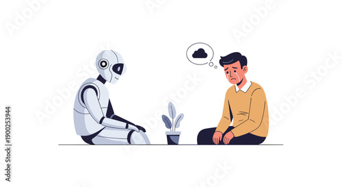 White robot and a distressed man with a sad expression, sitting on floor, facing each other with plant on white.