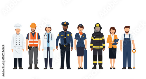 Diverse lineup of professionals in various uniforms, including chef, construction, doctor, police, and firefighter