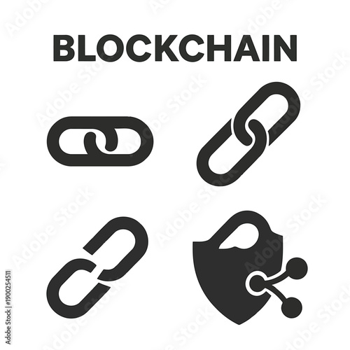 Blockchain technology illustration featuring interconnected links and a shield with key high quality