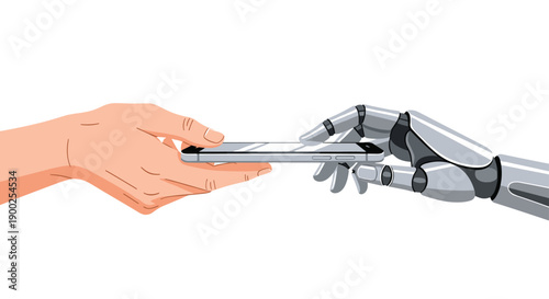 Human hand and robotic arm exchanging a modern smartphone on a clean white background.