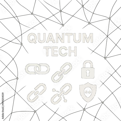 Quantum tech graphic featuring network connections locks and security symbols in grayscale