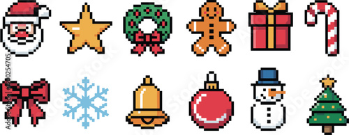 Vector Set of Pixel Art Christmas Icons Including Santa Claus Snowman Gingerbread Man and Ornaments for Holiday Video Game Interface Design and Seasonal Graphics