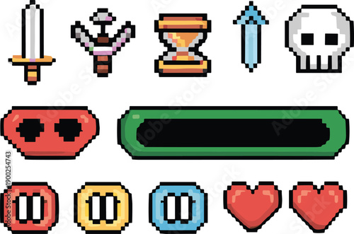 Pixel Art Game Icons Including Sword Skull Hearts and Hourglass for Retro Video Game Interface Design and Mobile Application Development Graphics