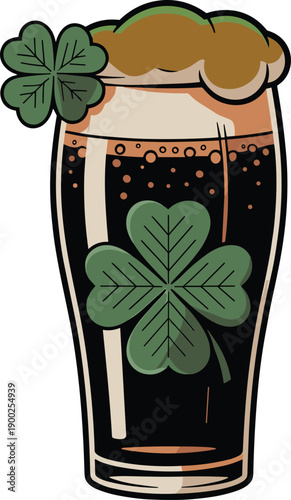 Stylized pint glass of dark stout beer with shamrocks and foam, perfect for Irish-themed visuals, St. Patrick’s Day design, or festive beverage illustration.