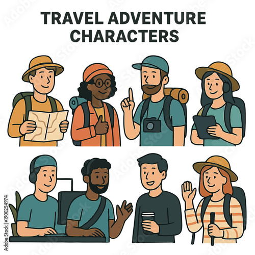 Diverse group of travelers and adventurers illustrated with backpacks and exploration gear