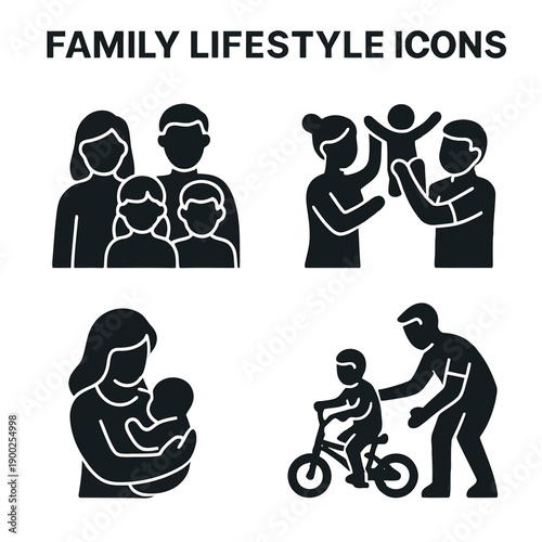 Black silhouettes depict various family activities and relationships representing a lifestyle high quality