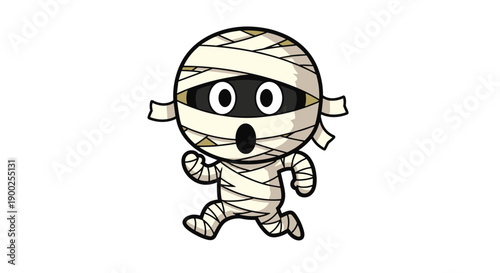 Cute cartoon mummy character with surprised open mouth expression running playfully on white.