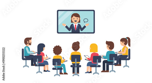 Group of diverse people sitting and attentively watching a virtual presenter on a large video screen.