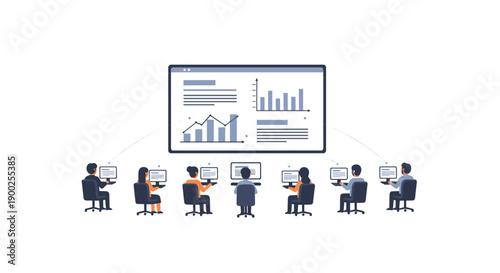 Group of people working on individual computers, connected to a central data visualization screen.