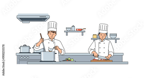 Two professional chefs actively cooking in a commercial kitchen, one stirring and one chopping.