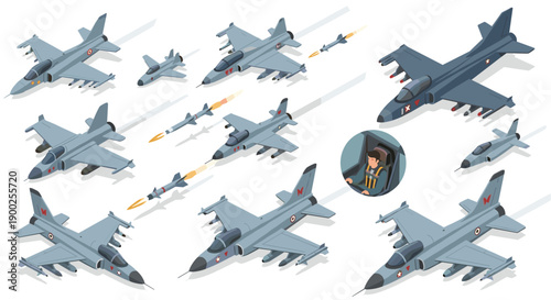 Dynamic collection of fighter jets in action, some launching missiles, with a pilot in cockpit.