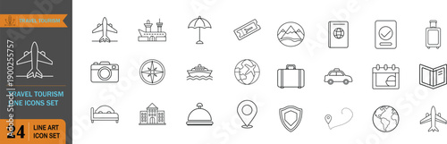 Travel tourism line icons set for vacation transport booking ui ux gps