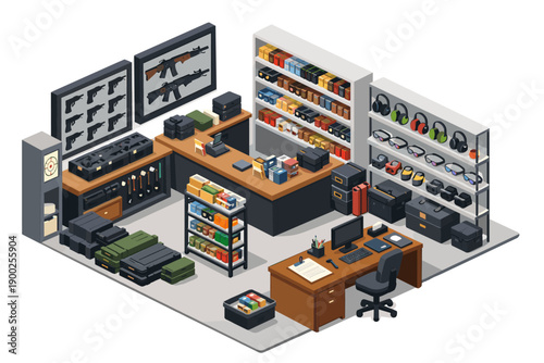 Isometric gun shop interior with firearms, ammunition, and accessories displayed for sale