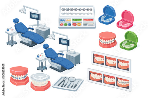Comprehensive dental clinic equipment and orthodontic treatment illustration