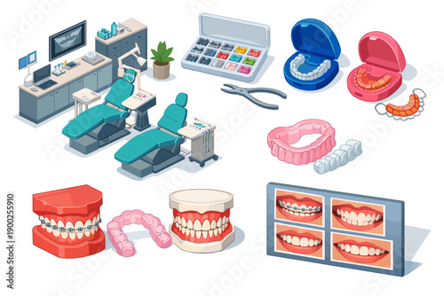 Dental clinic equipment and orthodontic devices illustration