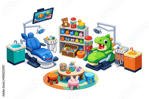 Whimsical cartoon dental clinic for children with fun animal-shaped chairs and toys