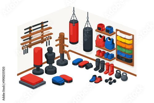 Martial arts training equipment displayed in a dojo with punching bags and protective gear