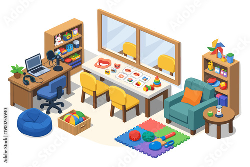 Modern therapy room with observation mirror and child-friendly learning materials