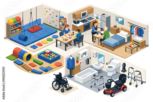 Isometric illustration of a rehabilitation center with therapy rooms and patient care areas